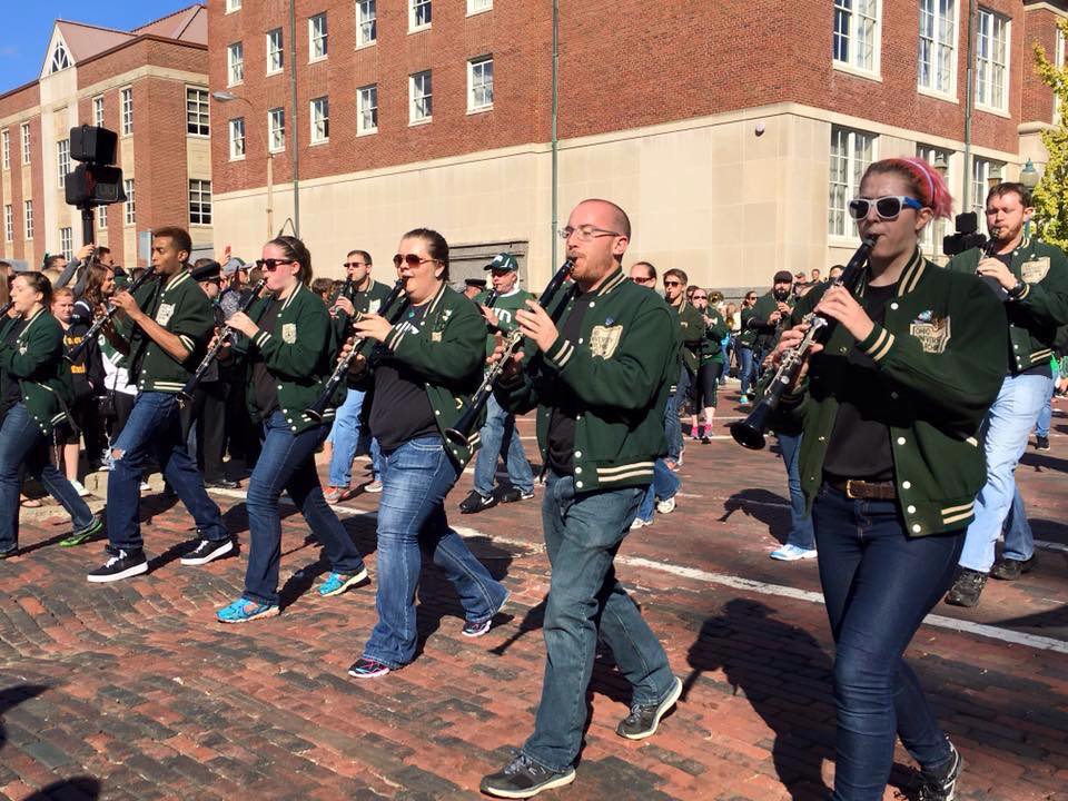 Ohio University alumni marching band in a parade