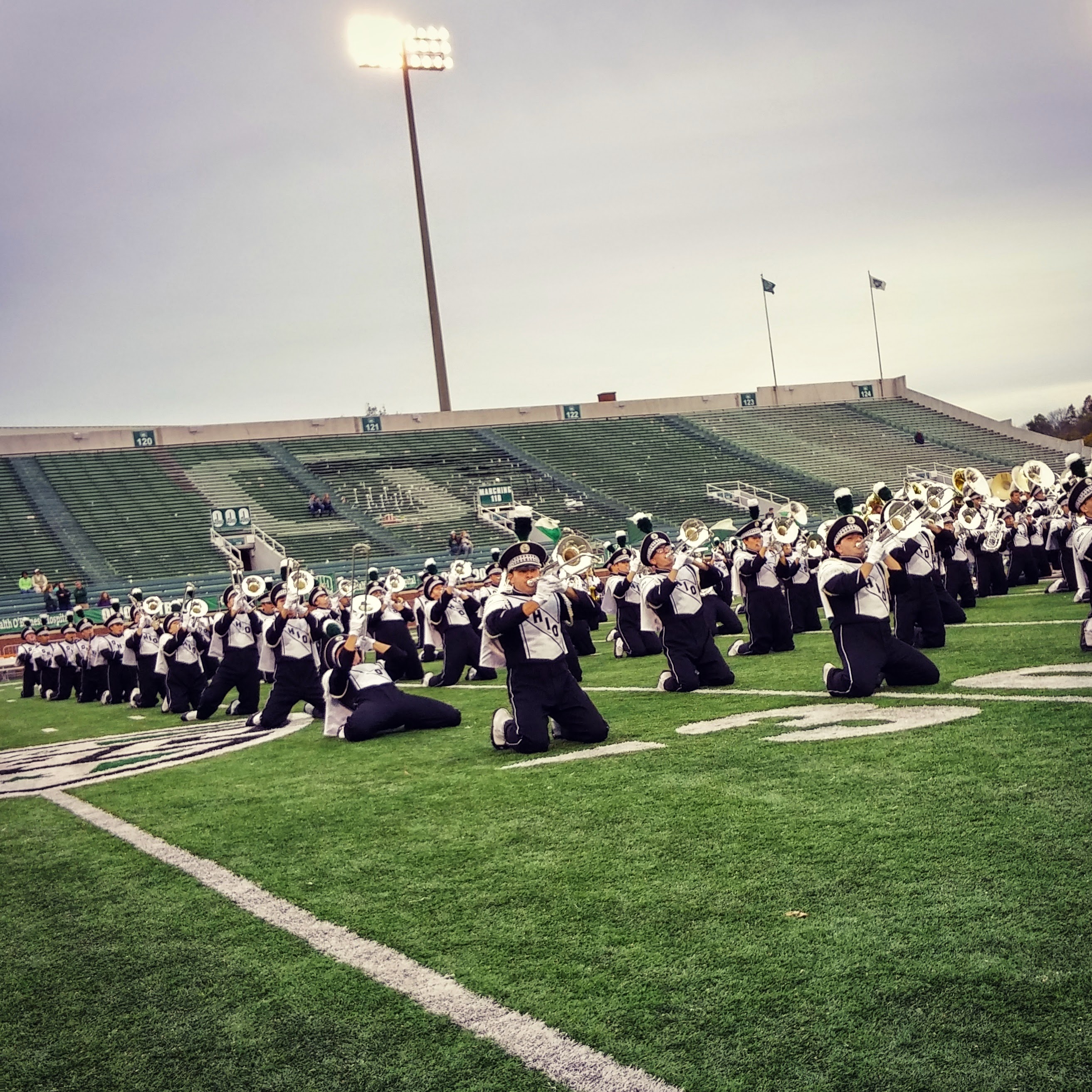 Marching band performance in the stadium